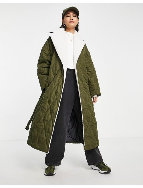 Topshop quilted sherpa trim trench coat in khaki