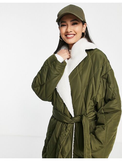 Topshop quilted sherpa trim trench coat in khaki