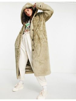 hooded faux fur maxi coat in sage