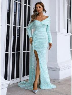 Asymmetrical Sequin Floor Length Prom Dress