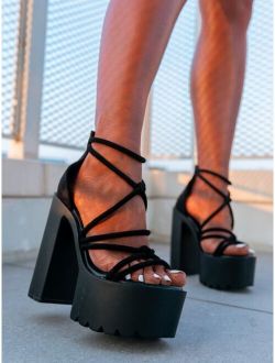 SXY Knot Design Chunky Heeled Strappy Sandals