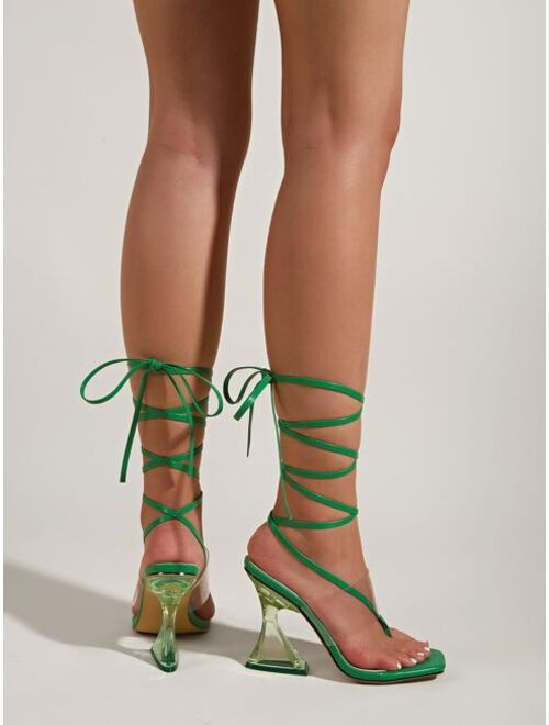 Shein Minimalist Tie Leg Pyramid Heeled Thong Sandals