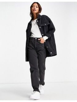 denim oversized shacket in washed black with sherpa lining