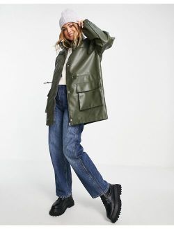 leather look parka coat in olive