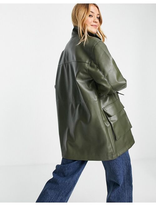 Asos Design leather look parka coat in olive