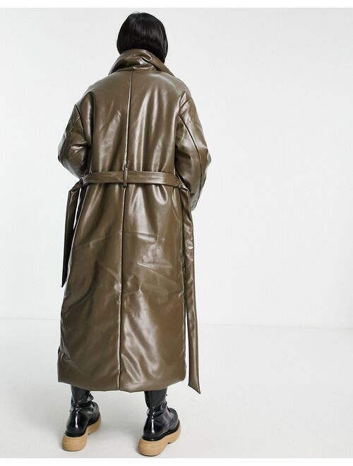 Asos Design leather look longline padded coat with belt in brown