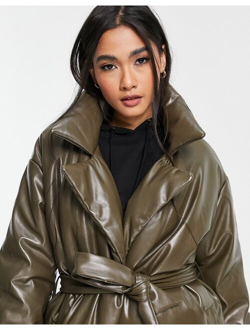 Asos Design leather look longline padded coat with belt in brown