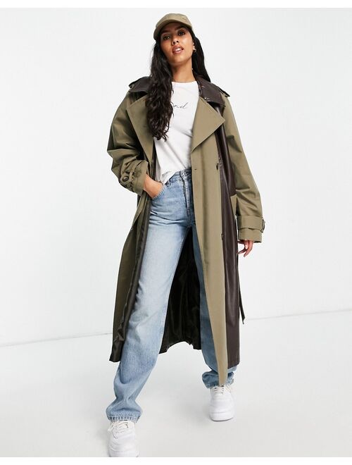 Asos Design leather look spliced trench in brown