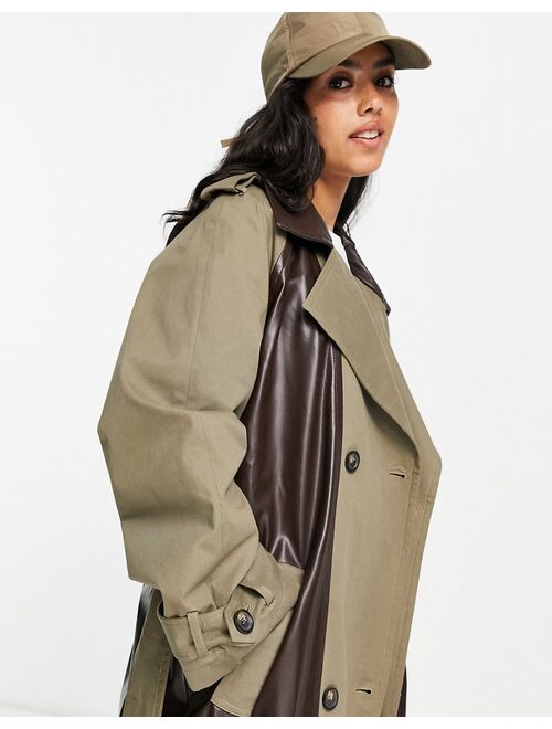 Asos Design leather look spliced trench in brown