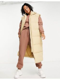 oversized longline vest puffer jacket in camel