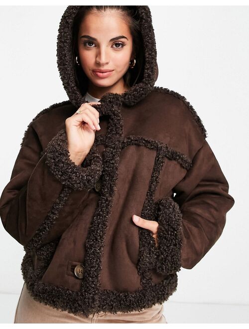 Asos Design bonded sherpa jacket with hood in brown