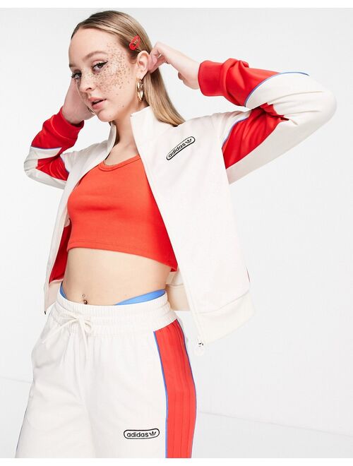 Adidas Originals Originals 'Retro Luxury' track jacket in off white and red with monogram print