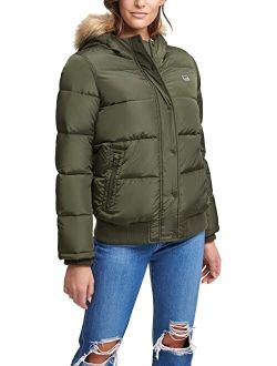 Shortie Quilted Snorkel Bomber with Faux Fur Trim On Hood