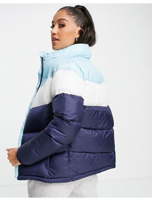 Columbia Puffect color block jacket in blue/white