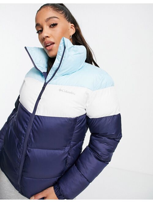 Columbia Puffect color block jacket in blue/white