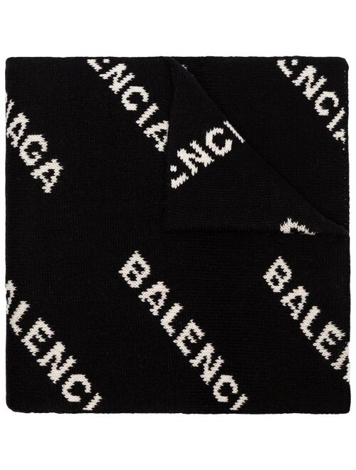 Balenciaga black and white logo intarsia wool blend scarf