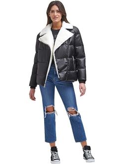 Oversized Asymmetrical Faux Leather Moto with Sherpa Lined Lapels