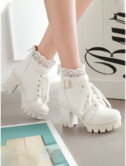 Lace & Buckle Decor Lace Up Front Fashion Boots