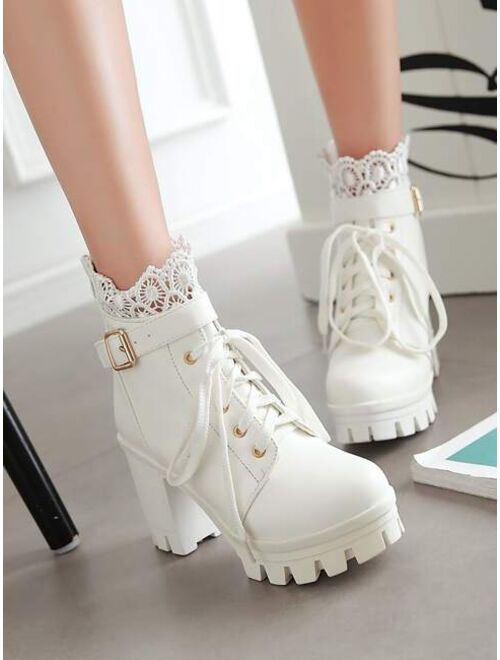 Shein Lace & Buckle Decor Lace Up Front Fashion Boots