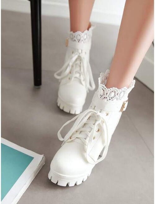 Shein Lace & Buckle Decor Lace Up Front Fashion Boots