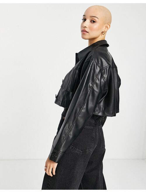 Miss Selfridge tassle faux leather jacket in black