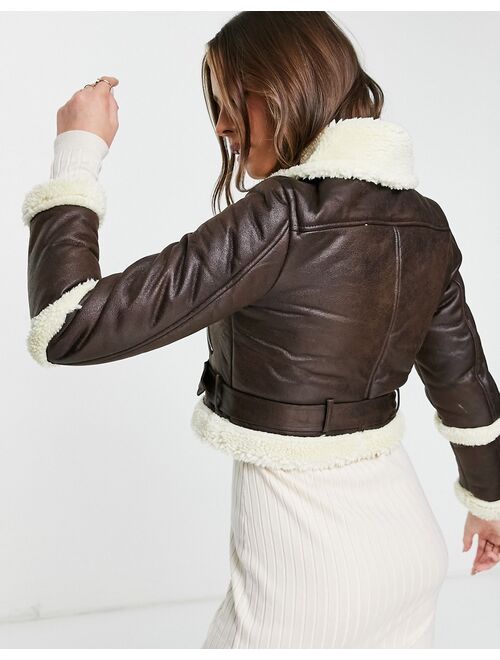 Miss Selfridge shearling cropped aviator jacket in brown