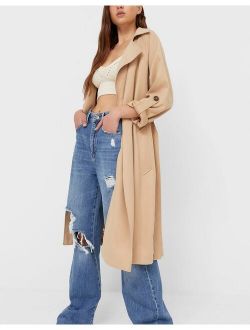 recycled polyester longline trench coat in camel