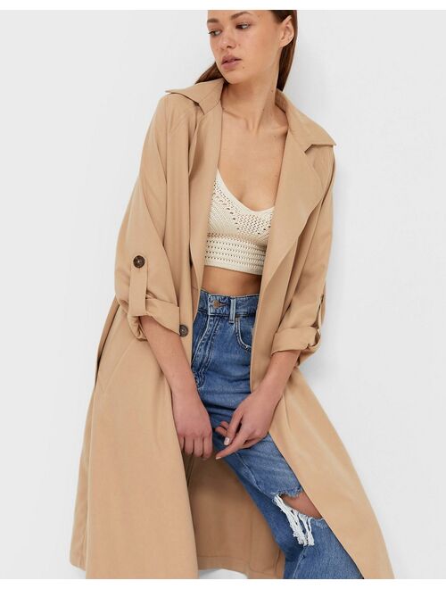 Stradivarius recycled polyester longline trench coat in camel