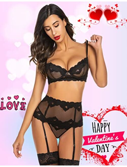 ADOME Women Sexy Lingerie Set with Garter Bra and Panty Lace Underwire Lingerie Sets