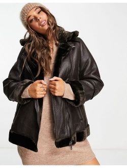 faux leather aviator coat in chocolate brown