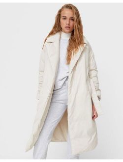 longline padded coat with belt in ecru