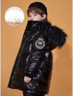 Boys Patch Detail Fuzzy Trim Hooded Down Coat