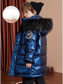Boys Patch Detail Fuzzy Trim Hooded Down Coat