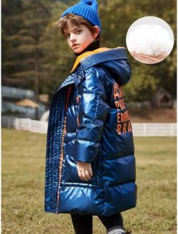 Boys Letter Patched Slogan Graphic Slant Pockets Hooded Down Coat