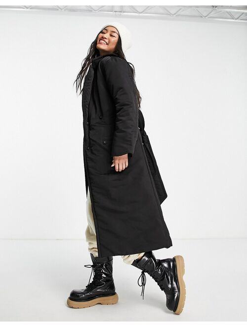 Monki padded belted duvet coat in black