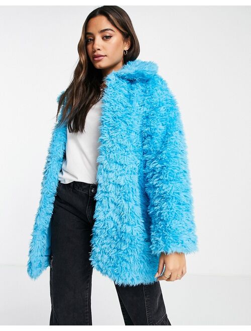 Monki faux fur jacket in bright blue