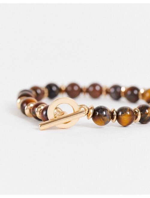 Asos Design beaded bracelet with tigers eye stones and t-bar in brown