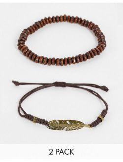 2 pack beaded bracelet set in brown with feather