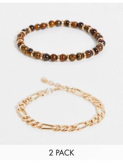 2 pack bracelet set with tigers eye beads and gold tone figaro chain