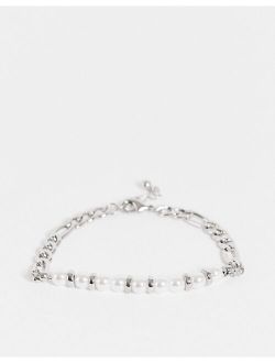 figaro chain bracelet with white faux pearl in silver tone