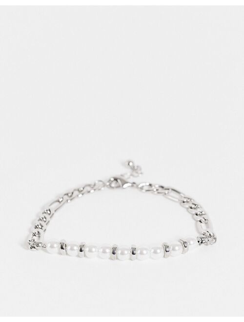Asos Design figaro chain bracelet with white faux pearl in silver tone
