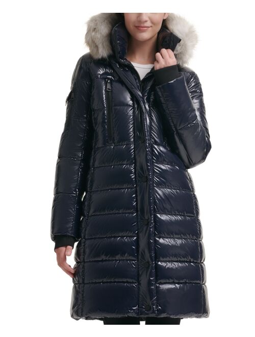 DKNY Women's High-Shine Faux-Fur-Trim Hooded Puffer Coat, Created for Macy's