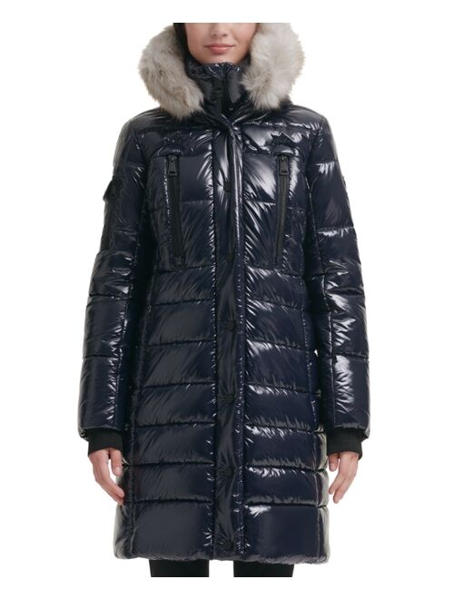 DKNY Women's High-Shine Faux-Fur-Trim Hooded Puffer Coat, Created for Macy's