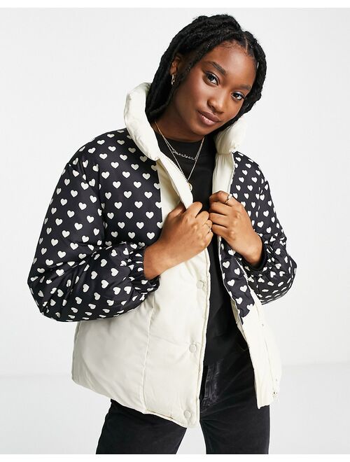 Monki recycled padded jacket in heart print and beige