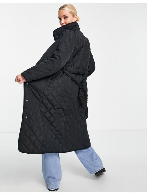 New Look quilted belted midi coat in black