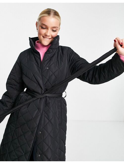 New Look quilted belted midi coat in black