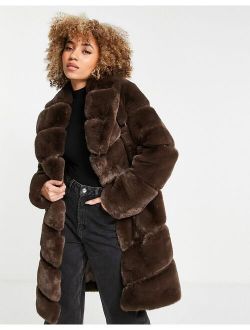 oversized long line faux fur coat in brown