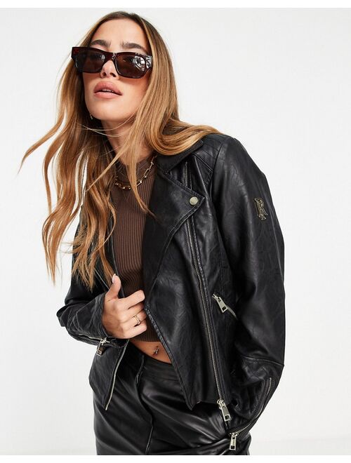 River Island branded faux leather biker jacket in black