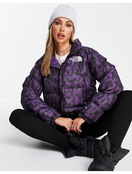 The North Face Nuptse cropped leopard print jacket in purple