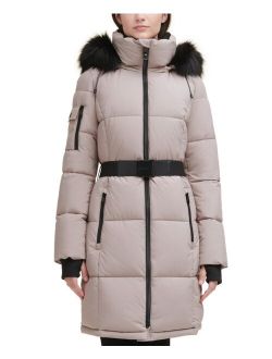 Belted Faux-Fur-Trim Hooded Puffer Coat